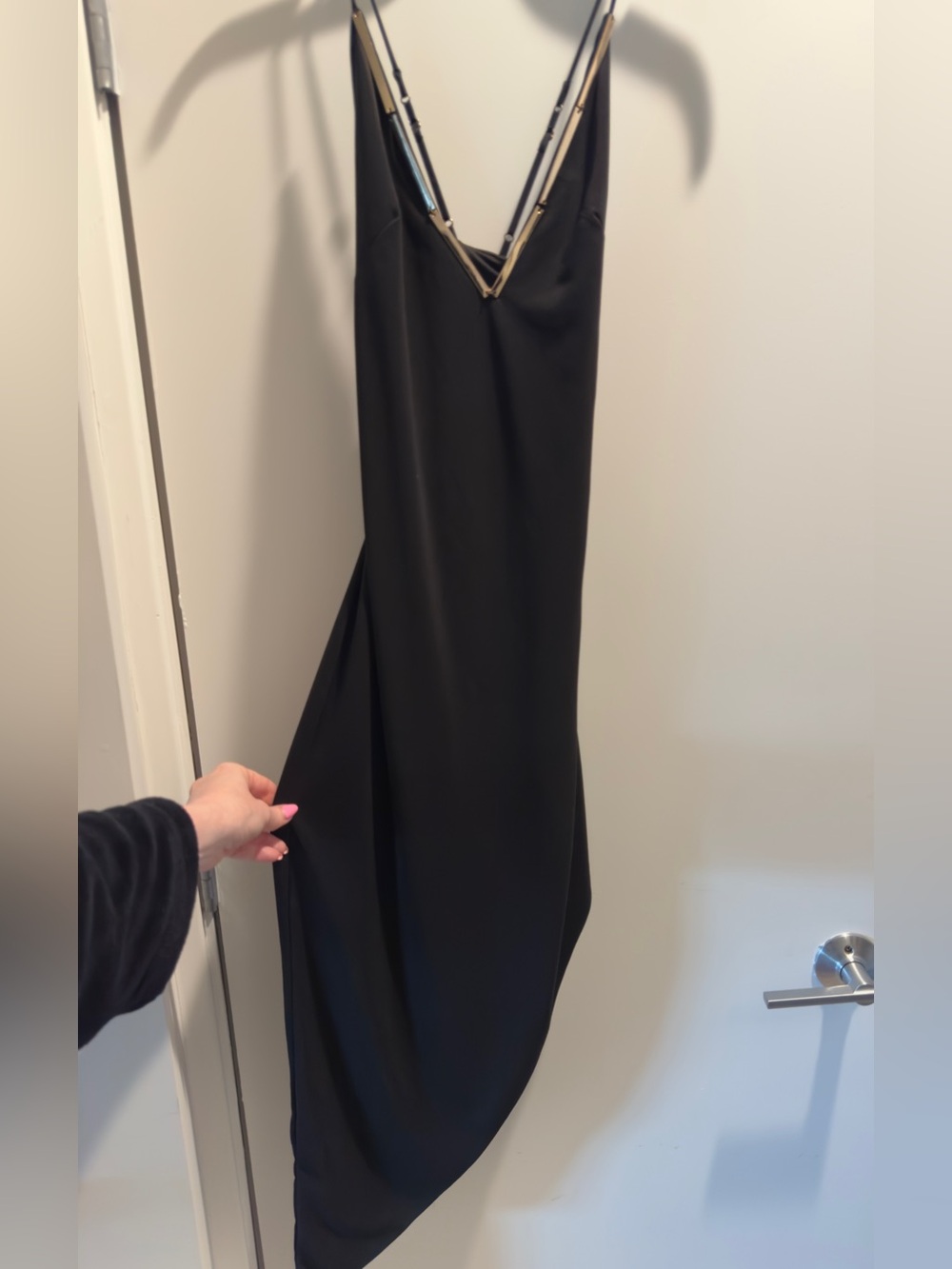 BEBE Black Asymmetrical Slip Dress with Gold plated V neck detail - sz XS - sexy